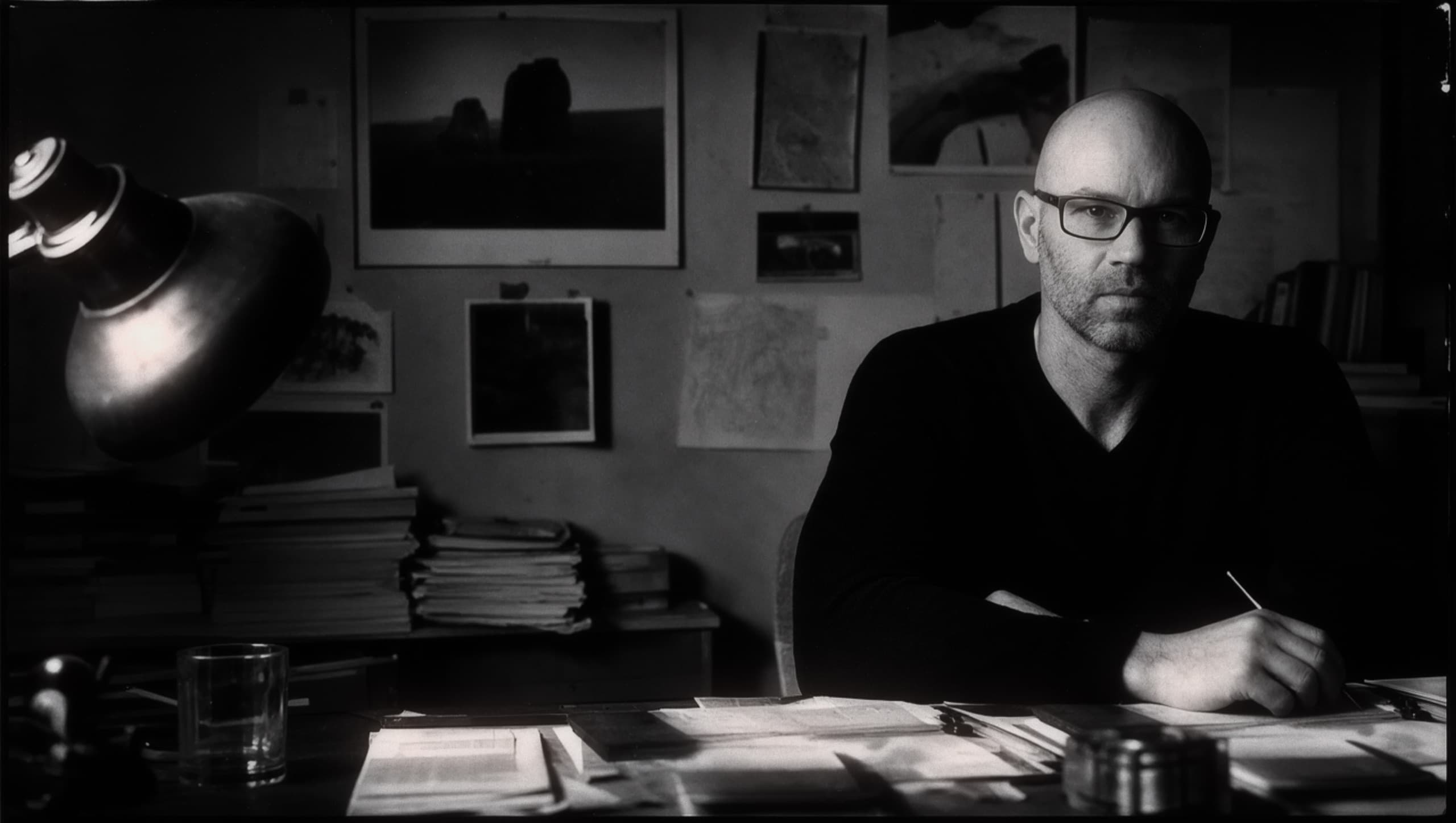 Chad Mullins at his desk, portraits and notes pinned to the wall behind him