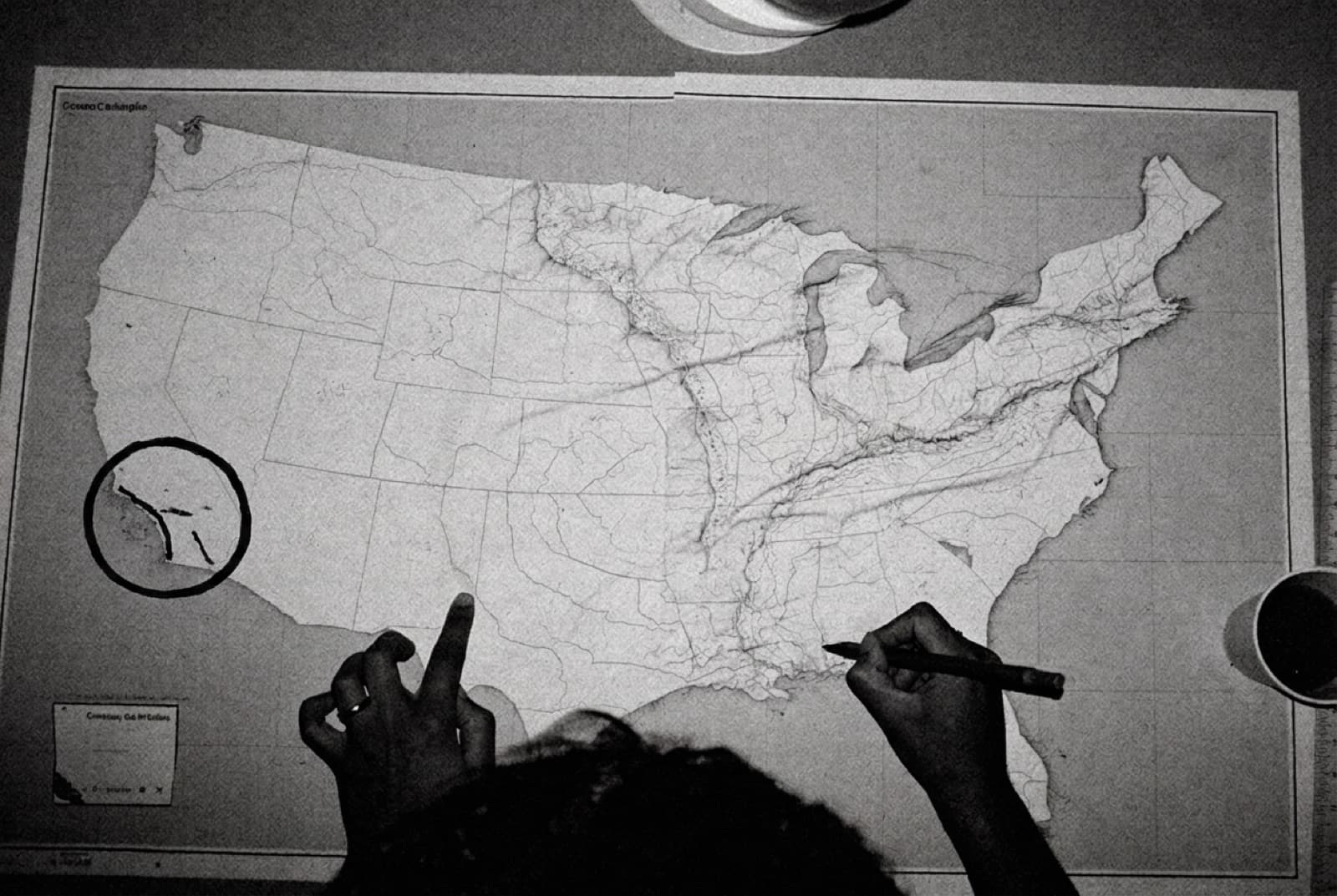 Hands drawing a grease-pencil circle around Southern California on a printed map of the United States