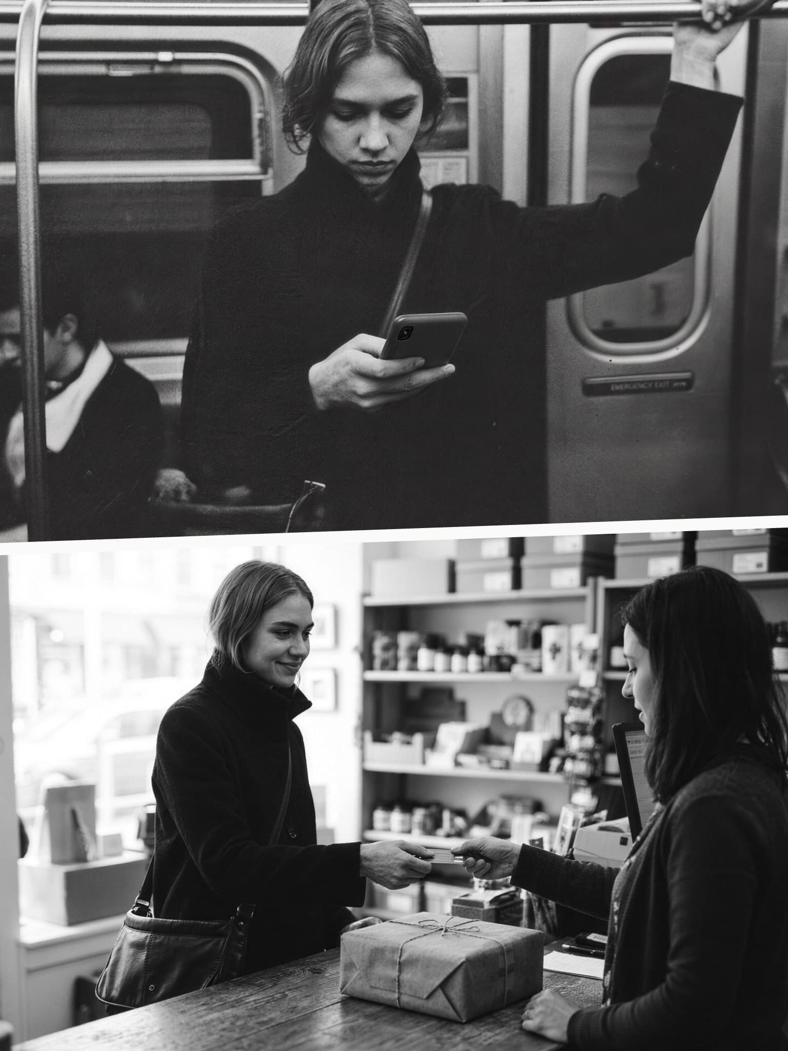 Two stacked archive photos: a woman reading a post on her phone on the subway, then buying from the same shop's counter later that day