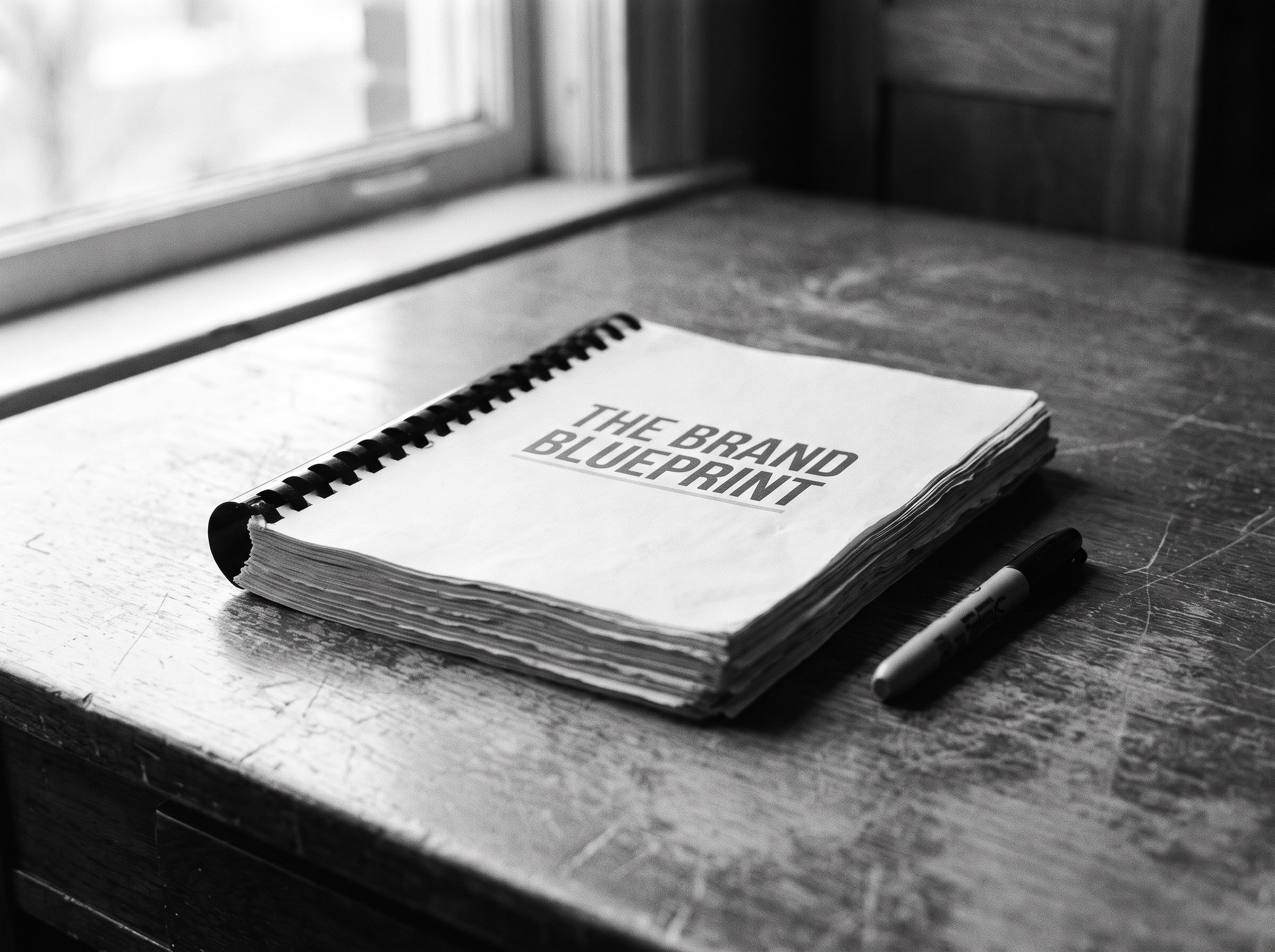 The printed Brand Blueprint document on a desk beside a marker