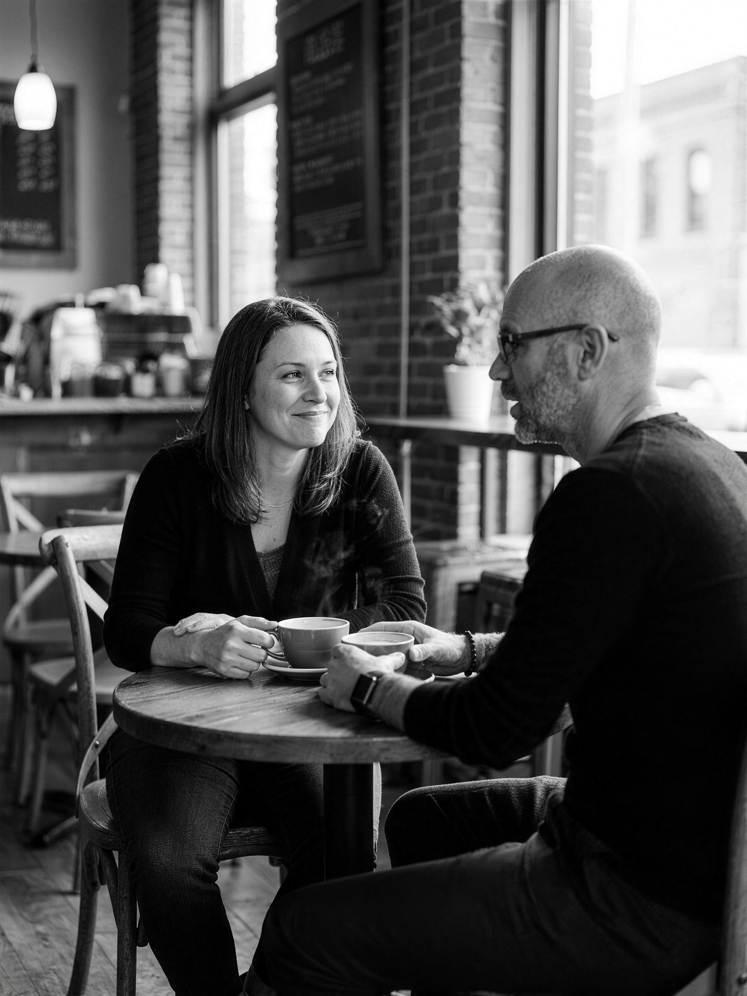 Two people talking over coffee at a small cafe table, one mid-sentence while the other listens with a smile