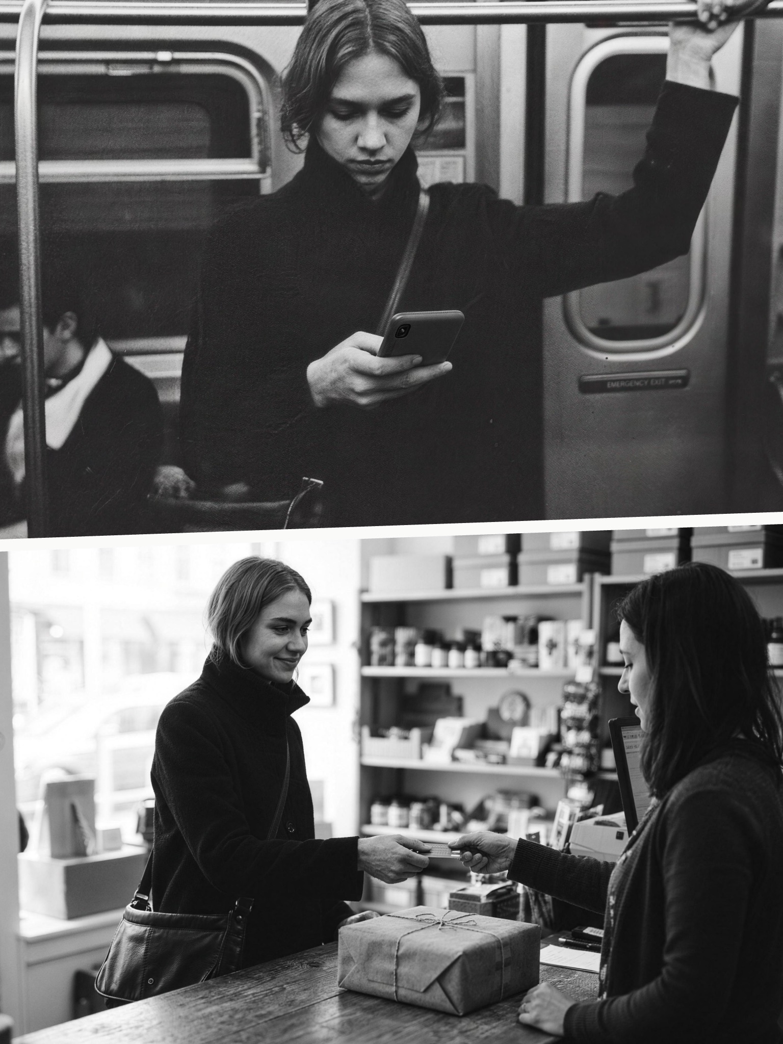 Two stacked archive photos: a woman reading a post on her phone on the subway, then buying from the same shop's counter later that day